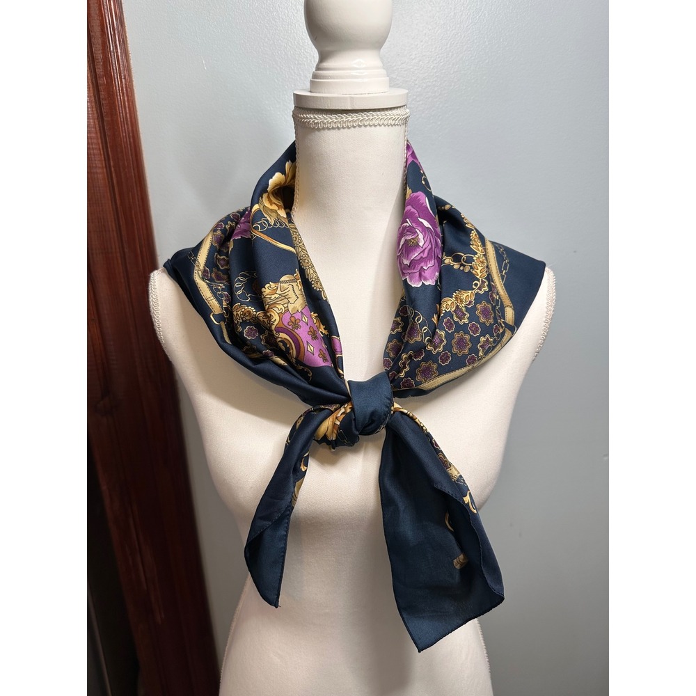 Navy Blue Gold Purple Floral Chain Baroque Square Scarf Equestrian 34x34